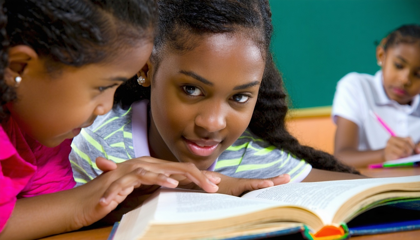 Teacher guiding student using MC Academy book